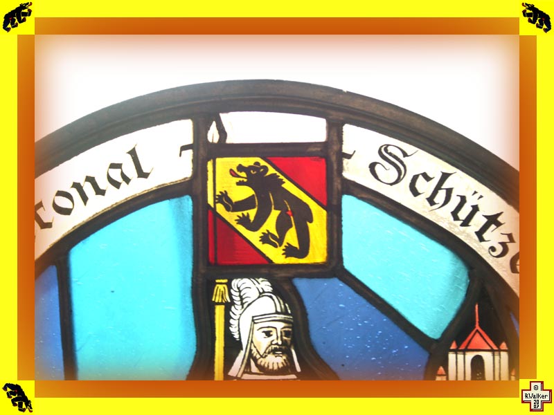 Photo: Bern Bear on stained glass shooting match award.