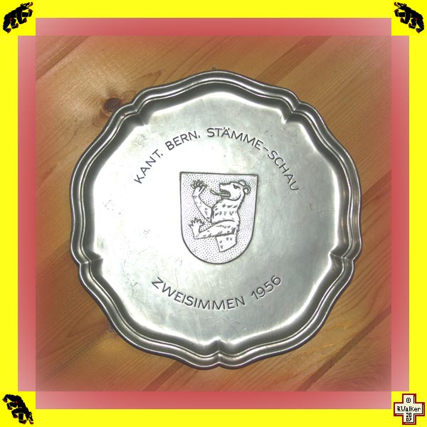 Photo: Zweisimmen Bern Bear on pewter (Zinn) plate from 1956 'Tribes-Show' (Staemme-Schau), whatever that was.