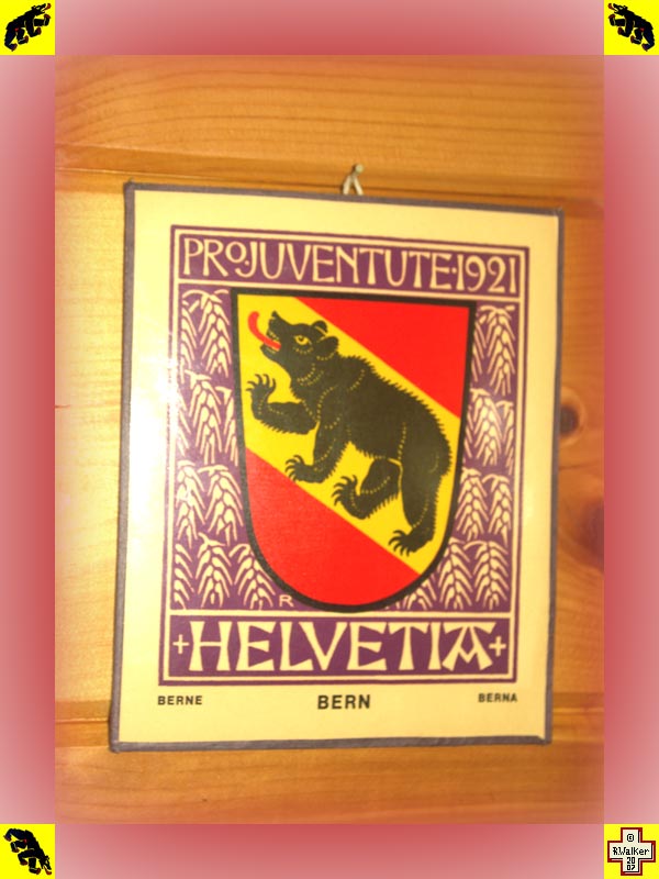 Photo: Bern Bear on 1921 Pro Juventute Helvetia plaque. Stamps were issued (semi-postal) which cost more than face value, the rest going to charities such as Pro Juventute. The image on this plaque is found on a 1921 Swiss 20+20 denomination stamp.