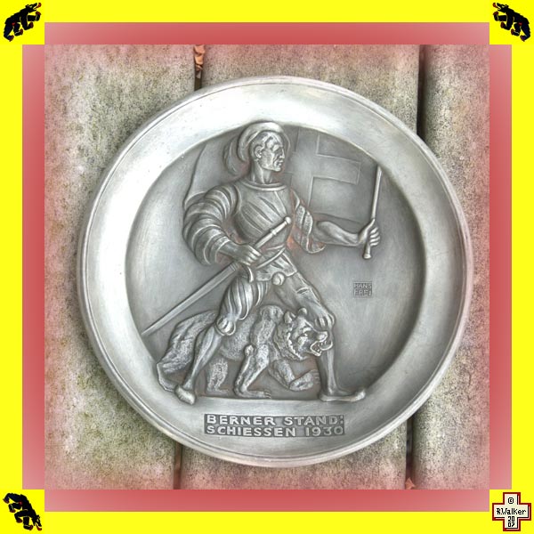 Photo: Bern Bear on 1930 pewter (Zinn) shooting match plate.