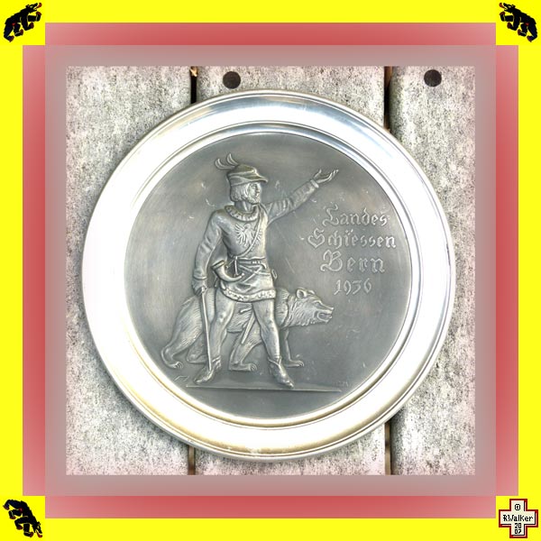 Photo: Bern Bear on 1936 pewter (Zinn) shooting match plate.