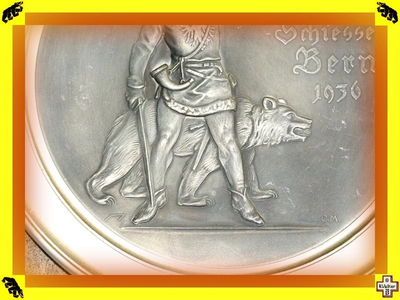 Photo: Detail of above Bern Bear on 1936 pewter (Zinn) shooting match plate.