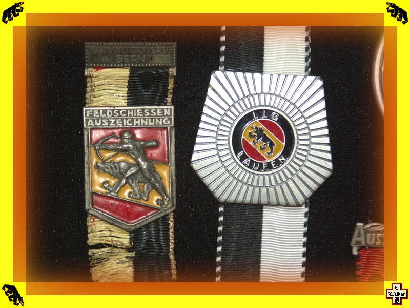 Photo: Bern Bear on shooting medal and hiking medal.